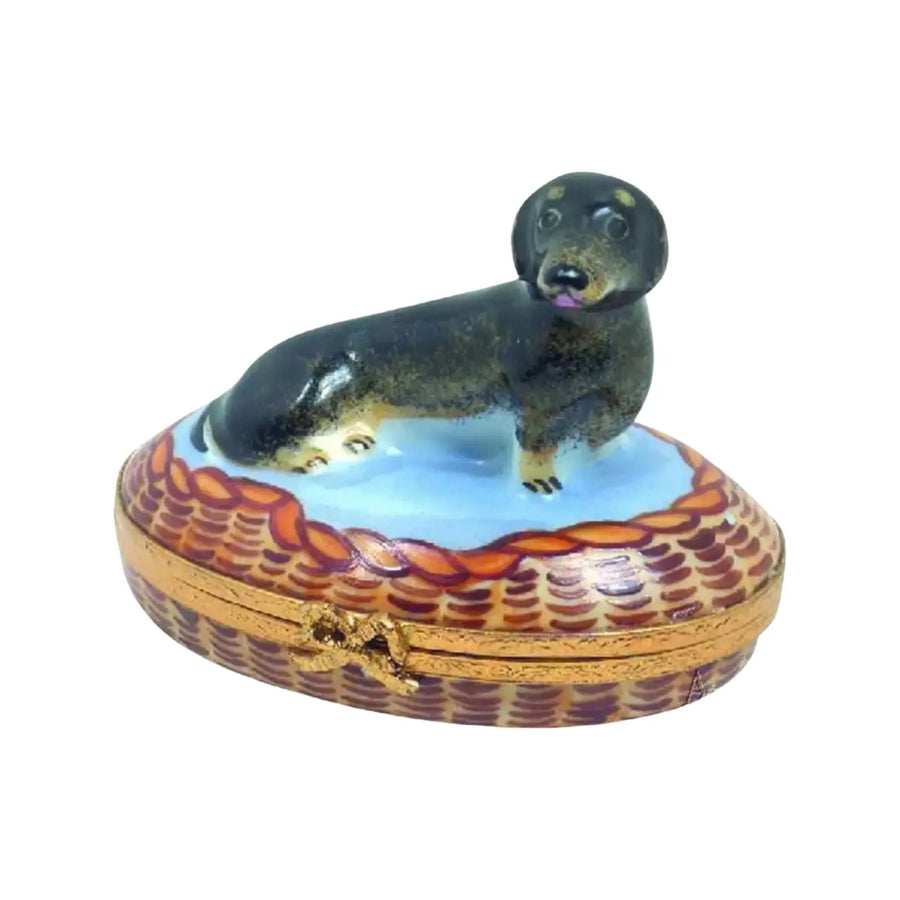 Dachshund In Basket: Black Dog Porcelain Limoges Dog French Trinket Box