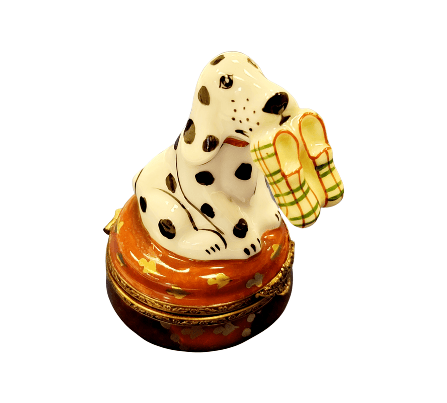 Dalmatian Dog Figurine with Slippers Porcelain Limoges Dog LIMOGES BOXES French Trinket Box