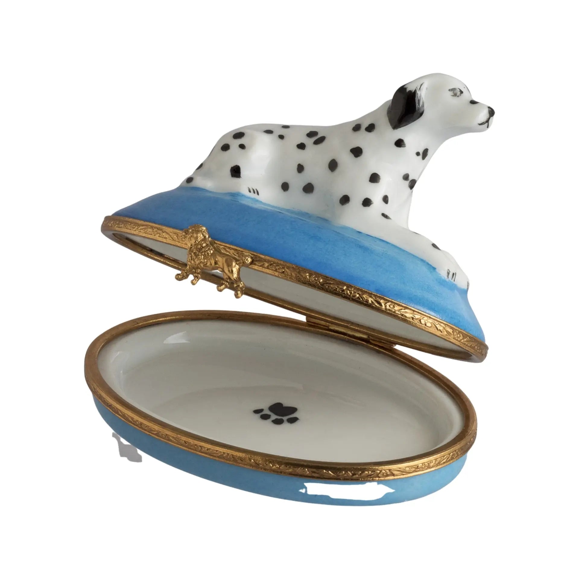 Artoria collectible porcelain box featuring a Dalmatian dog figurine with blue base and gold trim