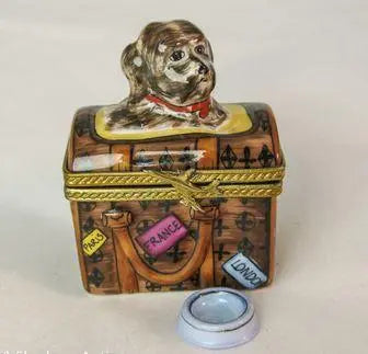 Dog in Travel Bag Porcelain Limoges dog limoges boxes bag French Trinket Box