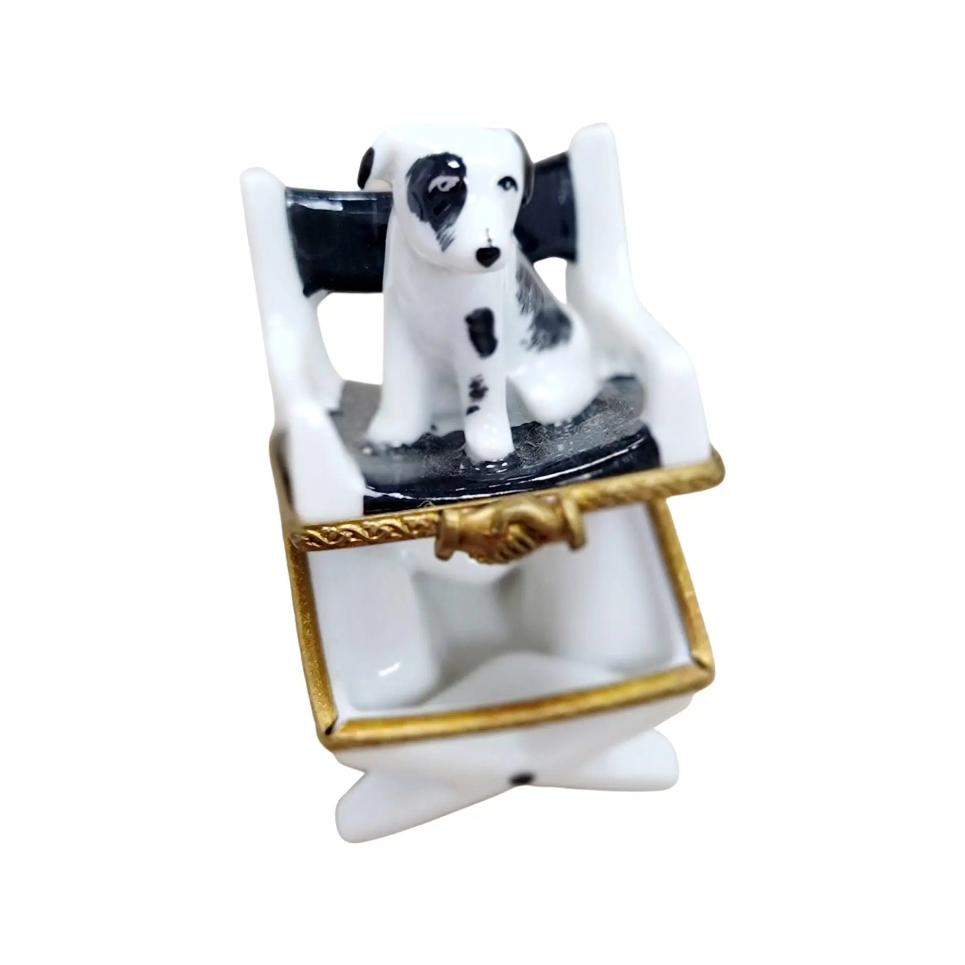 Dog on Director Chair Figurine Porcelain Limoges Dog Furniture French Trinket Box