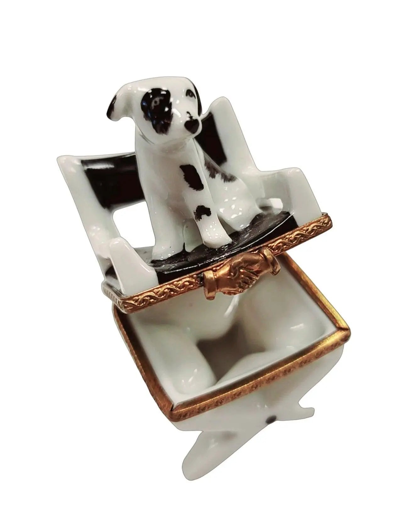 Dog on Director Chair Figurine Porcelain Limoges Dog Furniture French Trinket Box