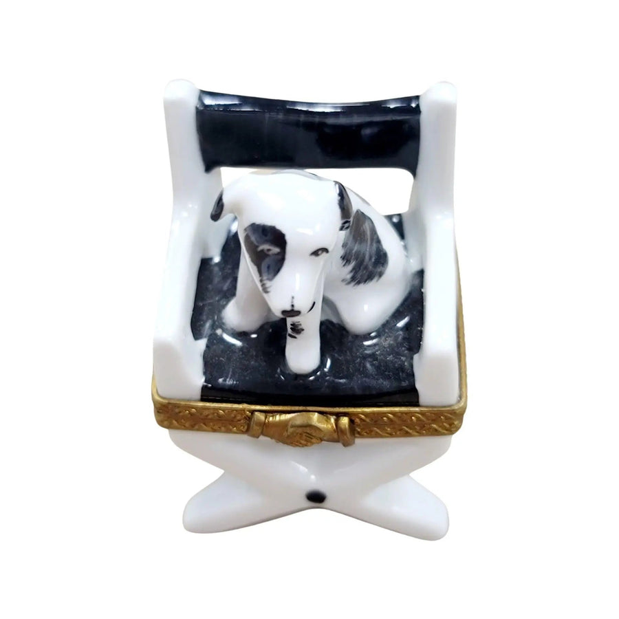 Dog on Director Chair Figurine Porcelain Limoges Dog Furniture French Trinket Box