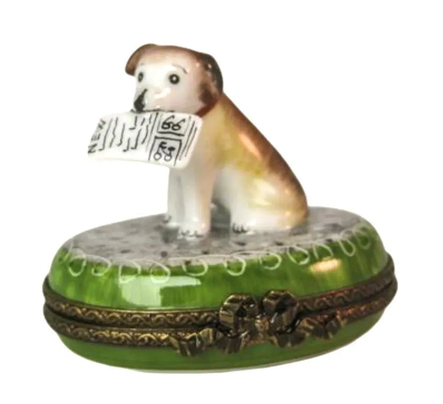 Dog w Newspaper Porcelain Limoges dog limoges boxes French Trinket Box