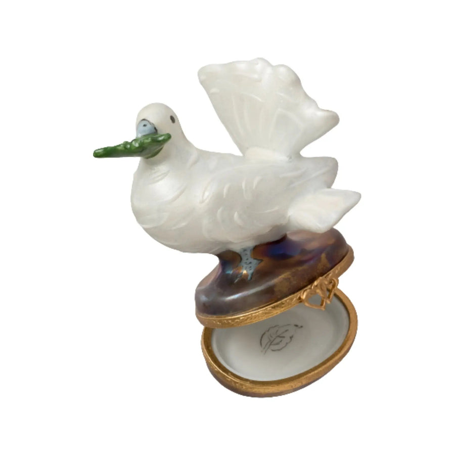 Dove w Olive Branch Porcelain Limoges Bird Love Valentines Day Wedding French Trinket Box