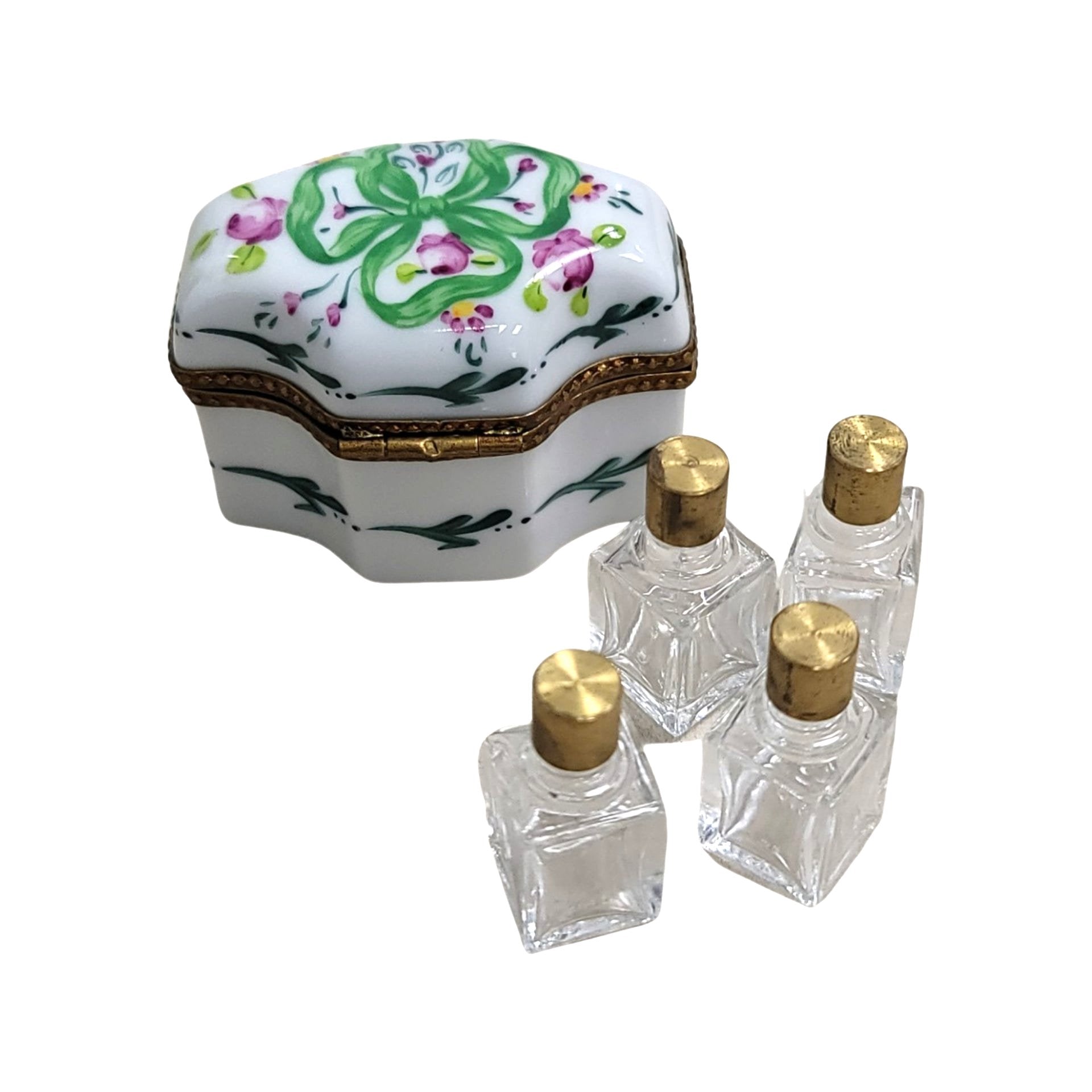 Elegant Green Bow Perfume Box Porcelain Limoges Perfume French Trinket Box