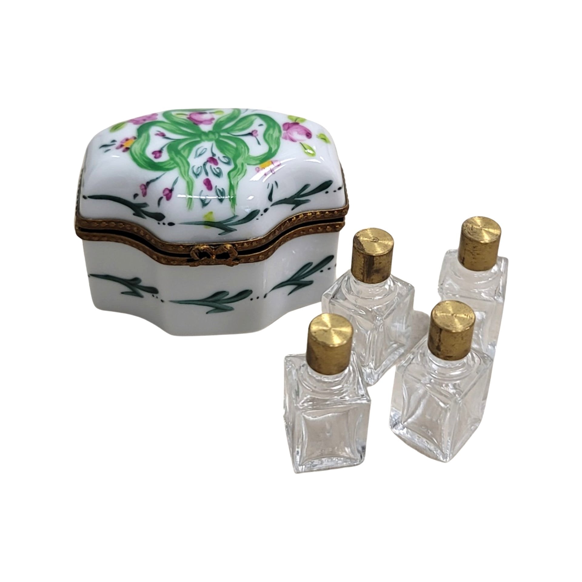 Elegant Green Bow Perfume Box Porcelain Limoges Perfume French Trinket Box