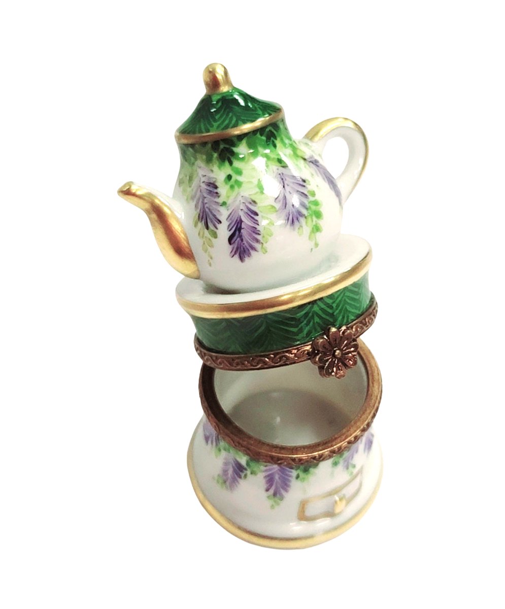 Elegant Green Teapot Figurine Porcelain Limoges China French Trinket Box