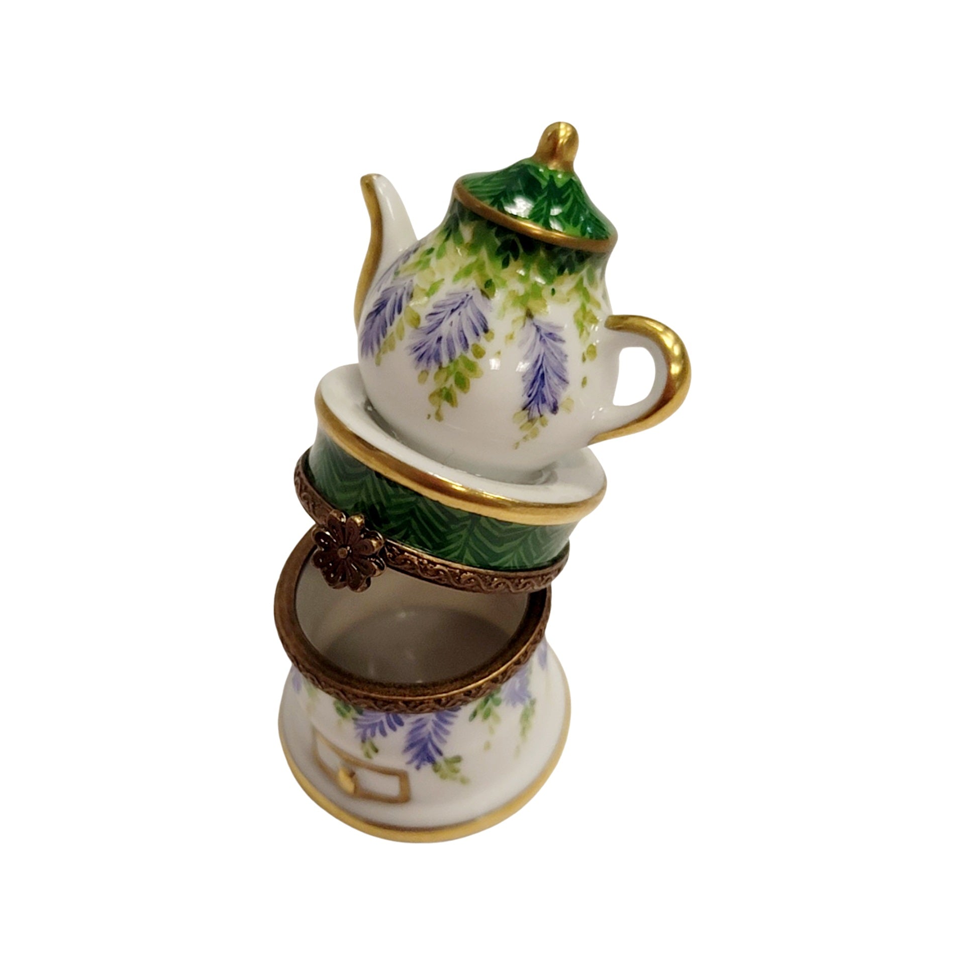 Elegant Green Teapot Figurine Porcelain Limoges China French Trinket Box