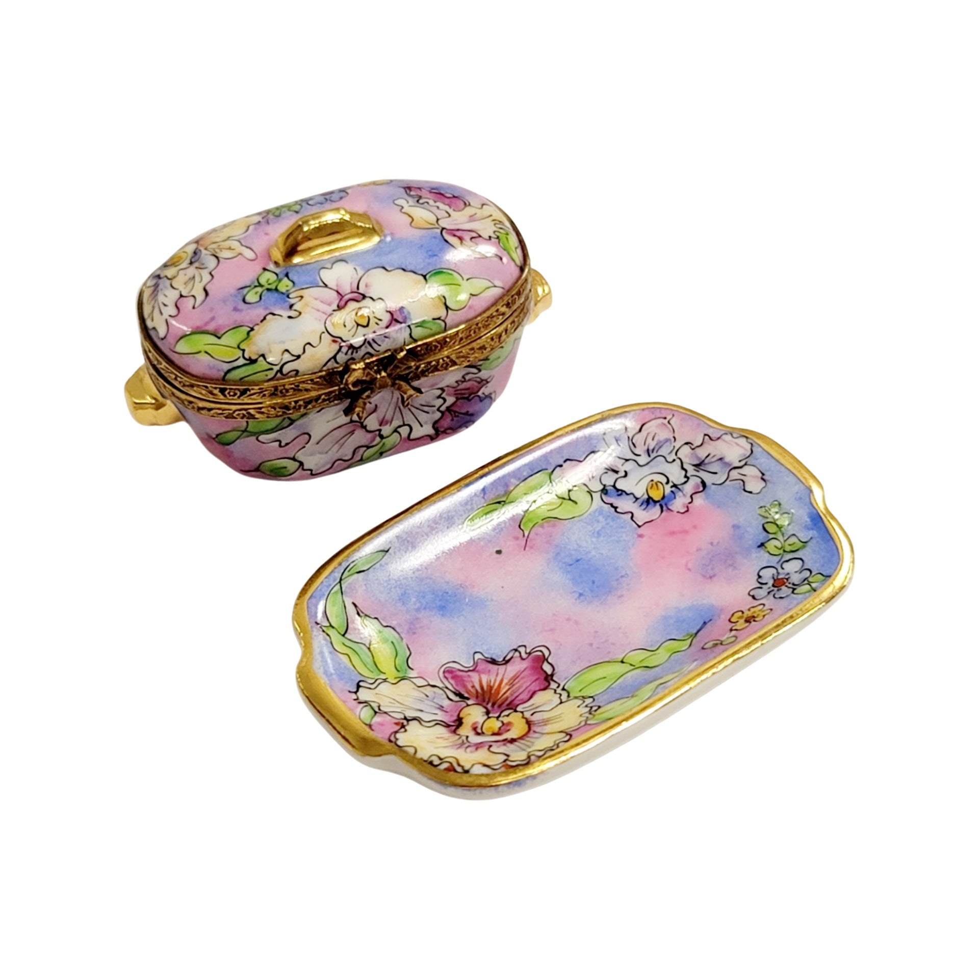 Painted details on the Purple Blue Soup Toureen with Tray Limoges box, French art in miniature