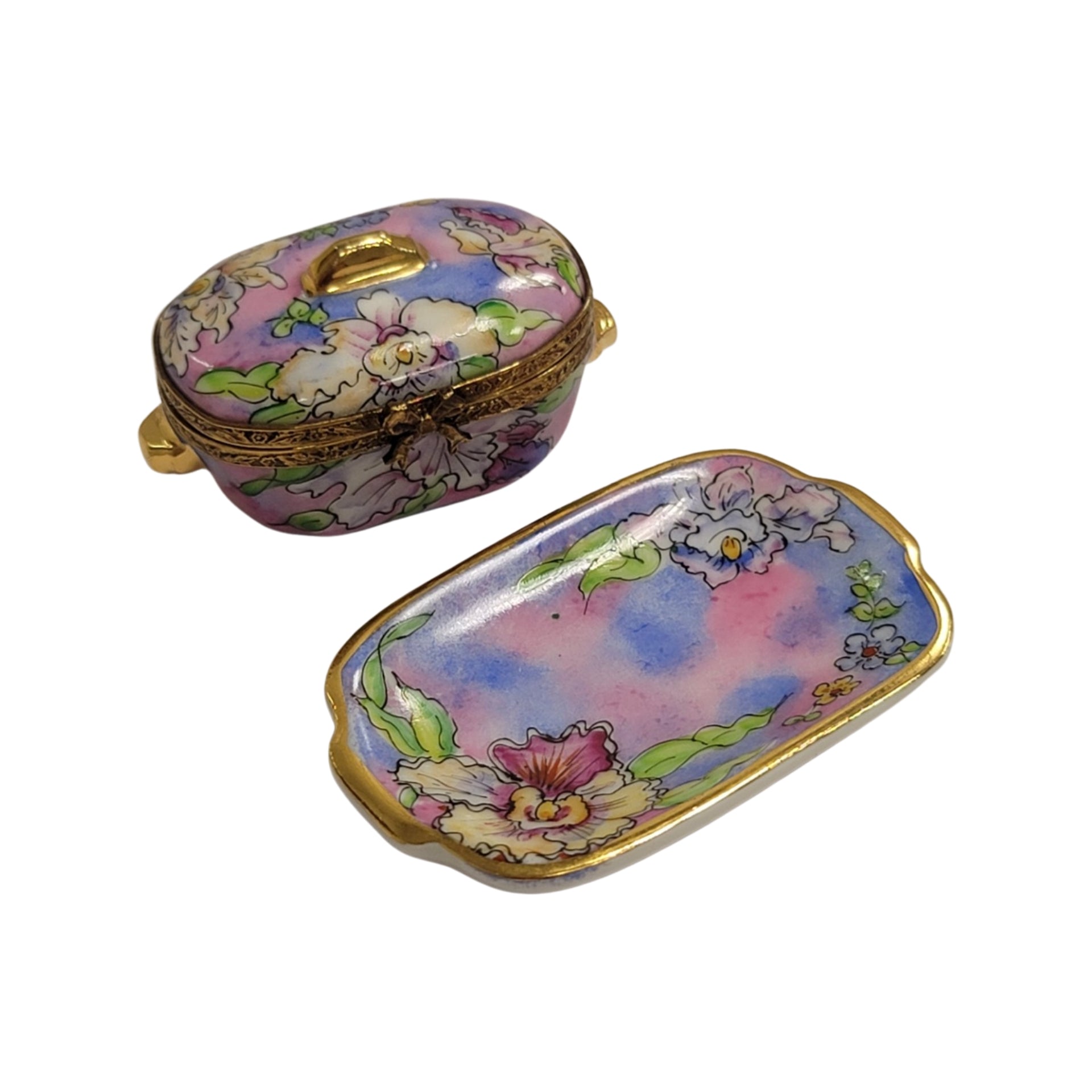 Treasured French collectible: Purple Blue Soup Toureen with Tray Limoges box, painted by hand