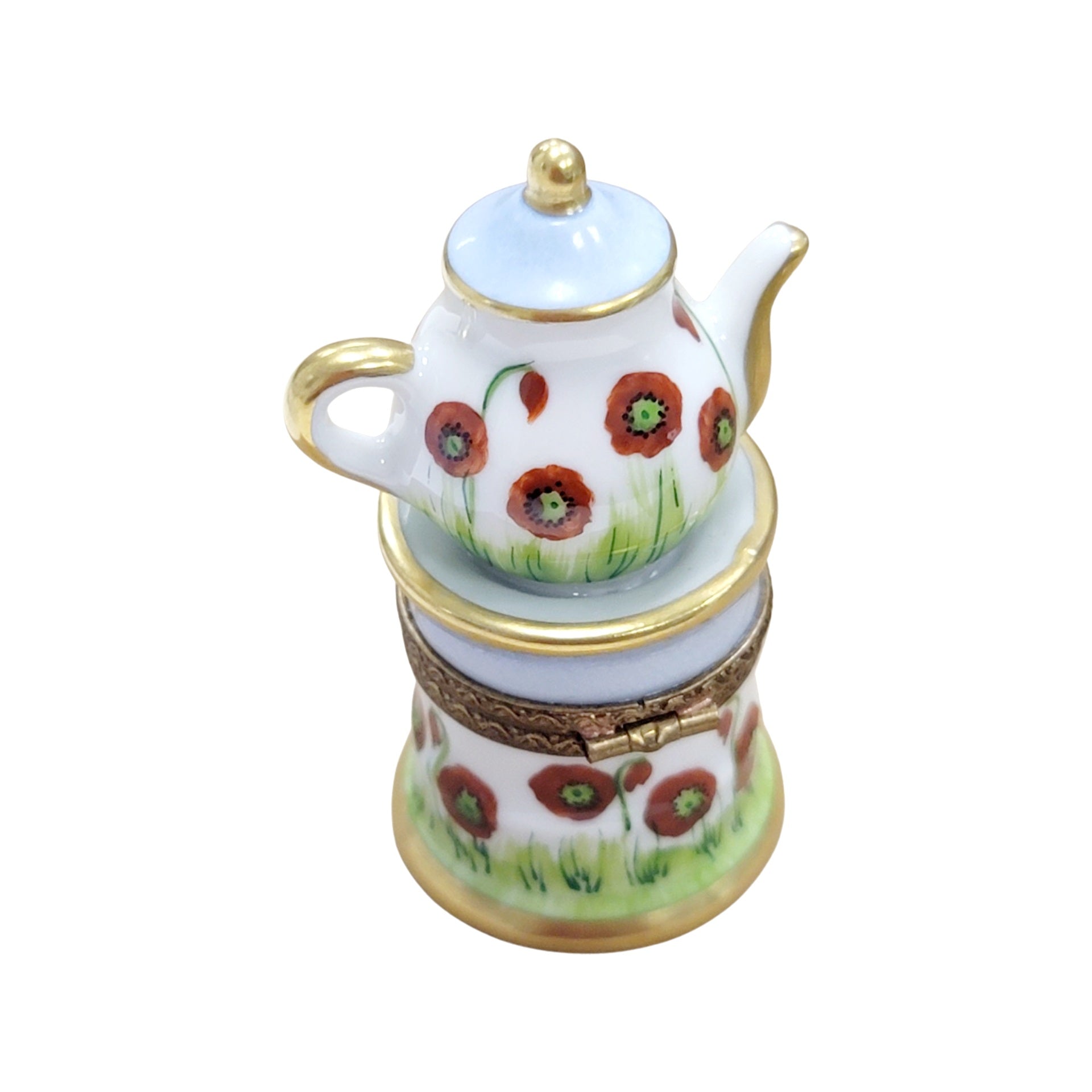 Elegant Red Flower Teapot Porcelain Limoges China French Trinket Box