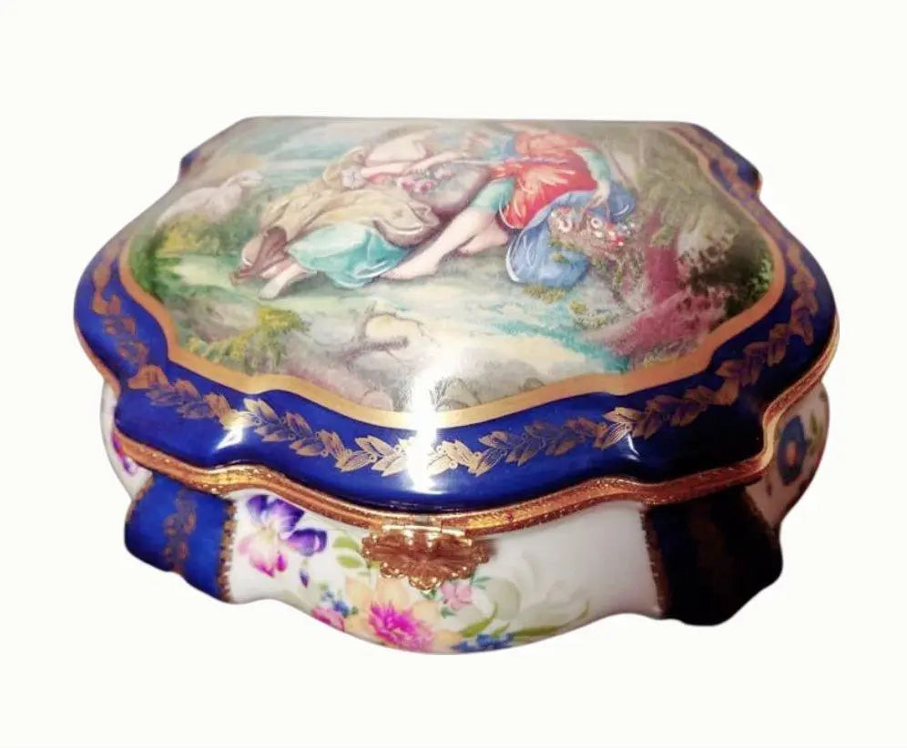 Exquisite Blue Limoges Jewelry Box Porcelain Limoges Jewelry Love Valentine French Trinket Box