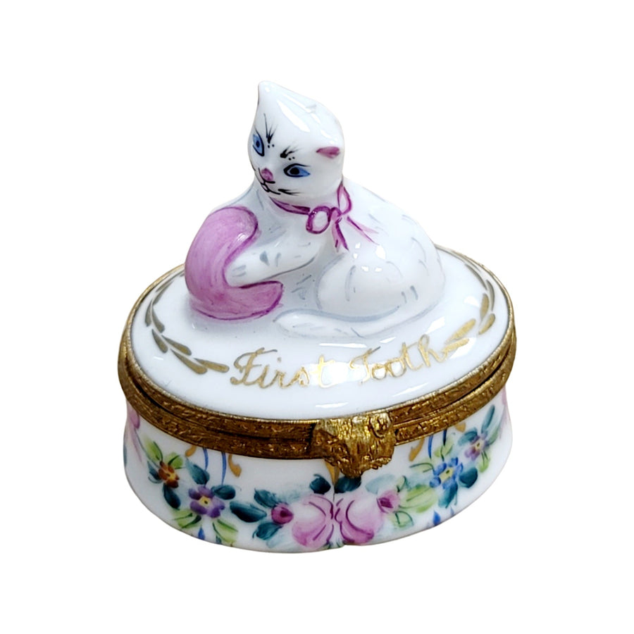 First Tooth Cat Keepsake Box Porcelain Limoges Baby French Trinket Box