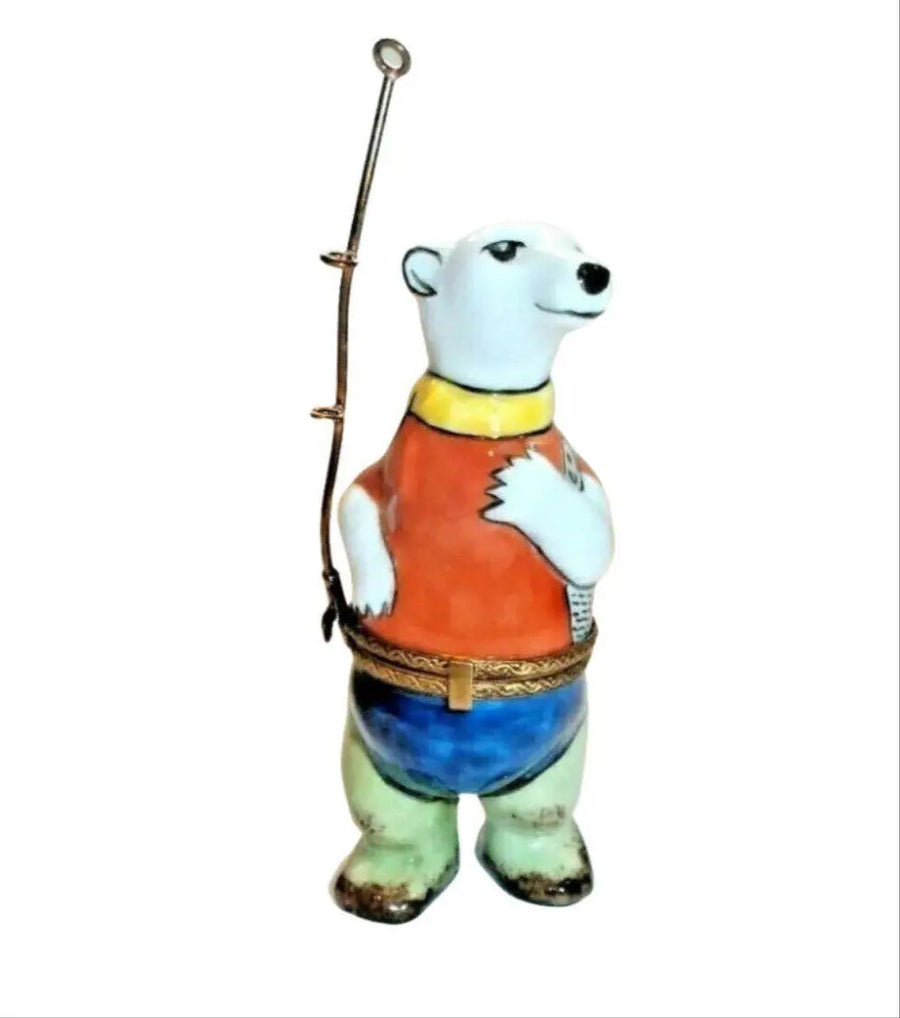 Fishing Polar Bear Fisherman Porcelain Limoges bear sports ocean beach fish French Trinket Box
