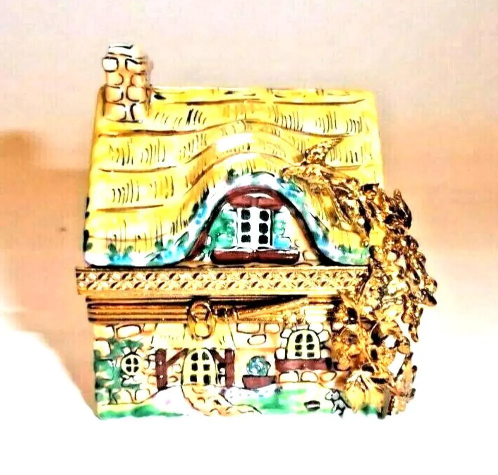 French Country Yellow Cottage House with Trellis Porcelain Limoges furniture French Trinket Box
