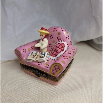 French Woman in Pink Chair Porcelain Limoges furniture fashion French Trinket Box