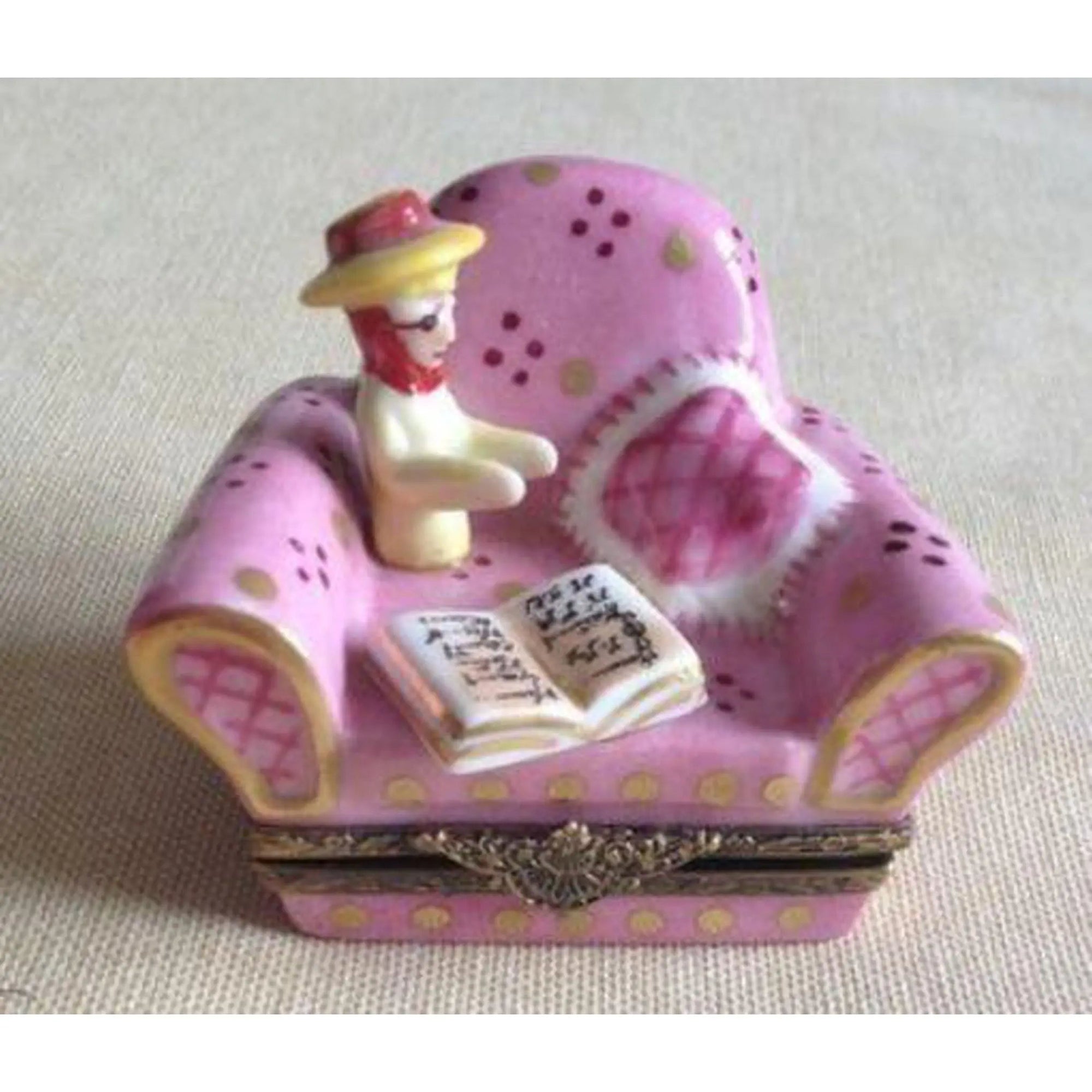 French Woman in Pink Chair Porcelain Limoges furniture fashion French Trinket Box