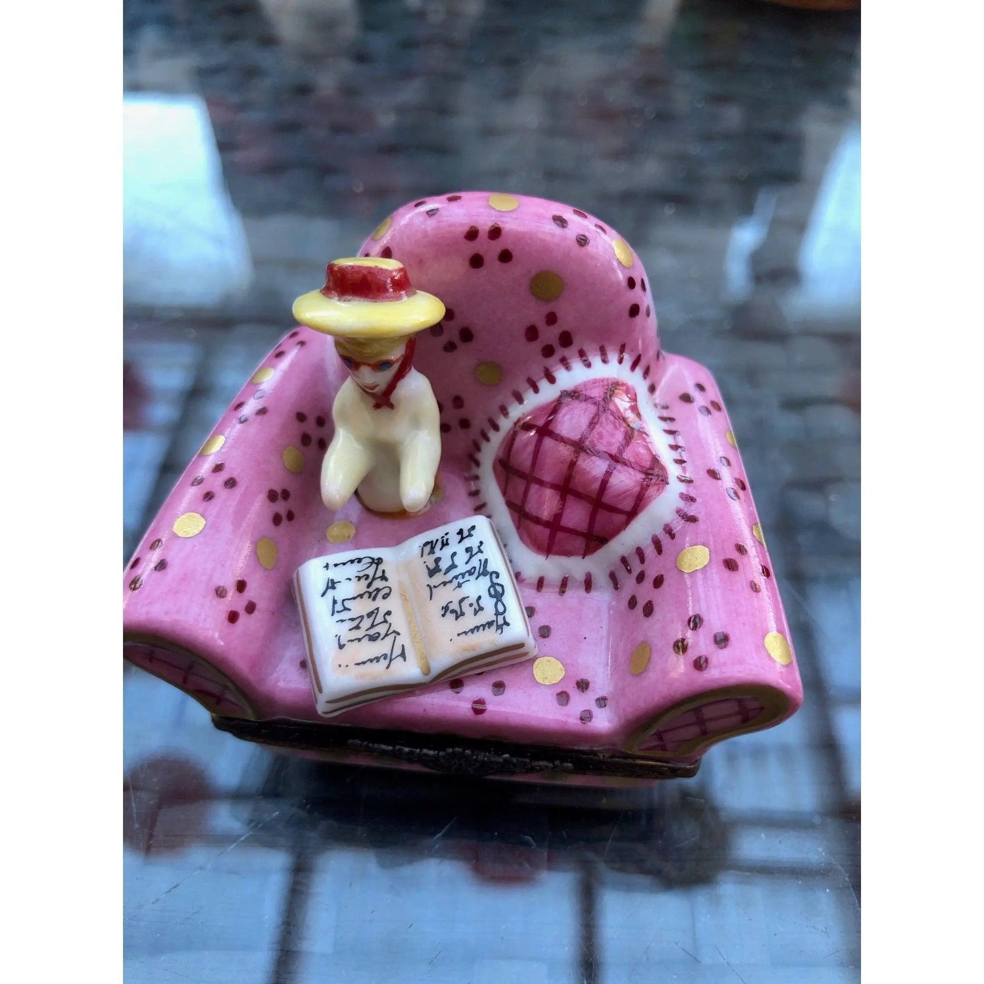 French Woman in Pink Chair Porcelain Limoges furniture fashion French Trinket Box