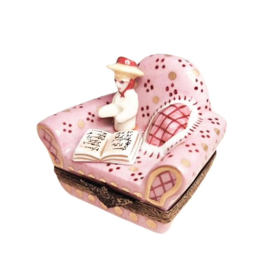 French Woman in Pink Chair Porcelain Limoges furniture fashion French Trinket Box