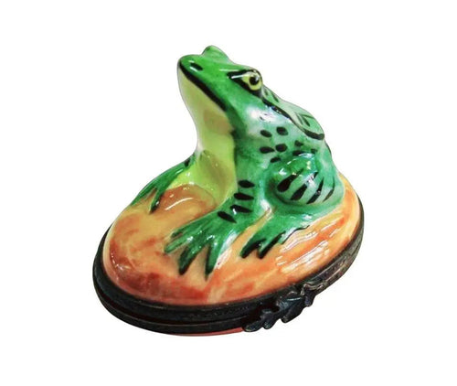 Frog Chirping on brown w Special antiqued Brass Porcelain Limoges frog limoges boxes French Trinket Box
