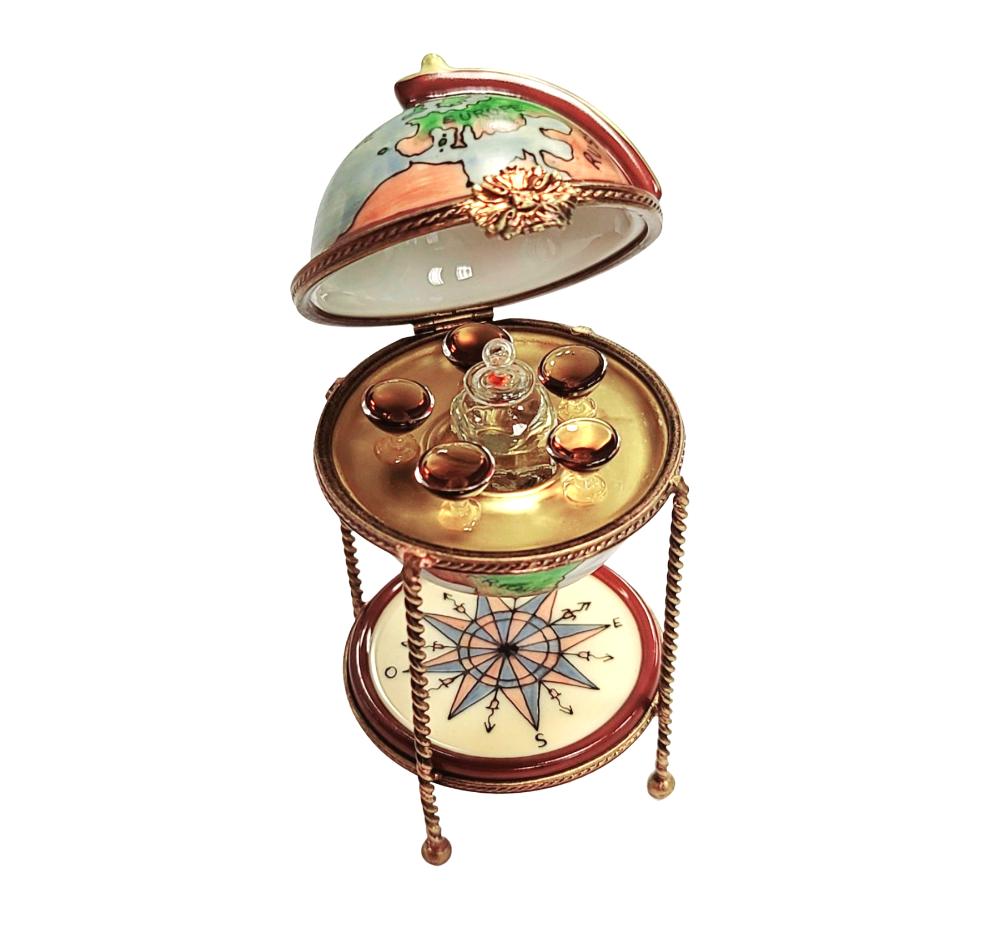 Globe Bar with Wine Glasses Porcelain Limoges WINE LIMOGES BOXES wine travel French Trinket Box