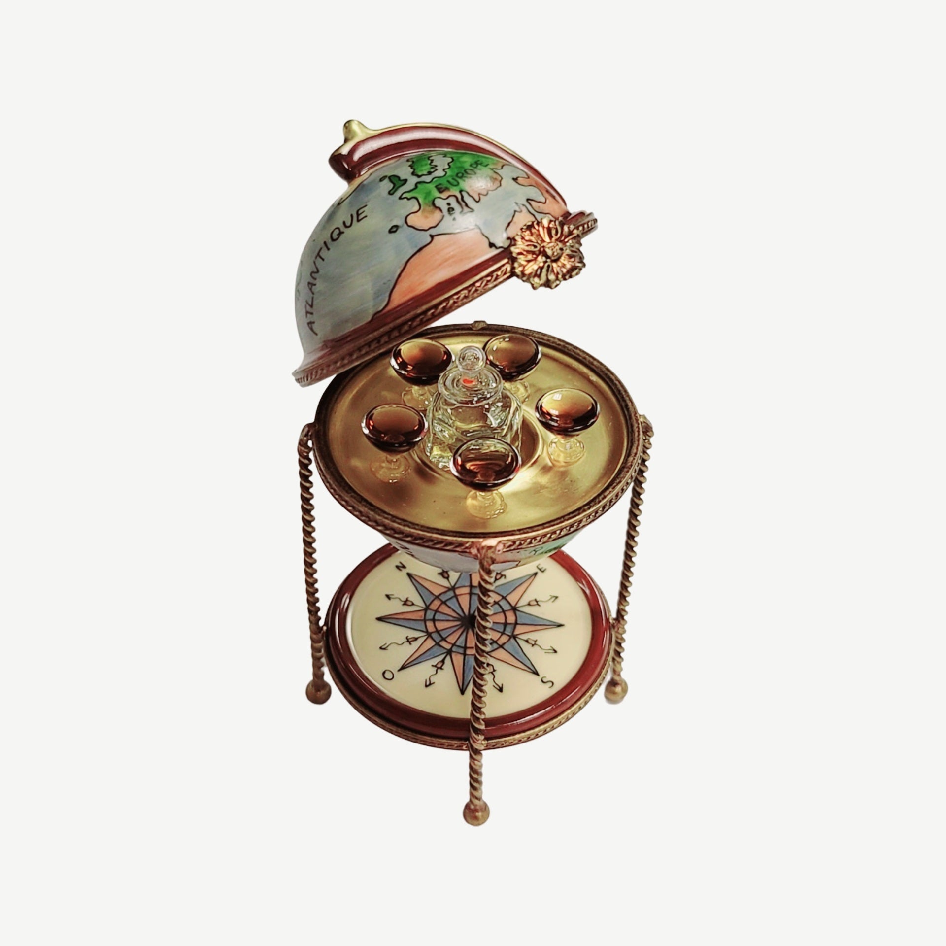Globe Bar with Wine Glasses Porcelain Limoges WINE LIMOGES BOXES wine travel French Trinket Box