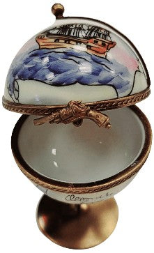 Globe with Ship Limoges Box Porcelain Limoges travel world ship French Trinket Box
