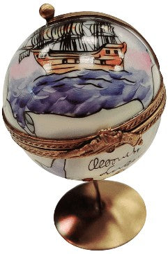 Globe with Ship Limoges Box Porcelain Limoges travel world ship French Trinket Box