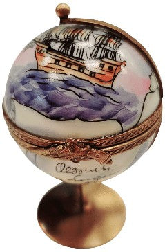 Globe with Ship Limoges Box Porcelain Limoges travel world ship French Trinket Box