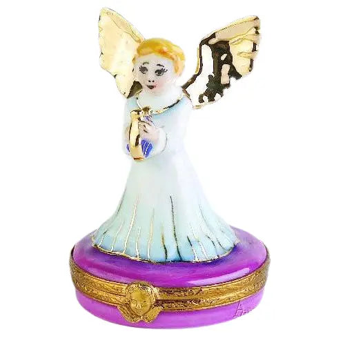 Gold Angel w Harp Porcelain Limoges Angel French Trinket Box