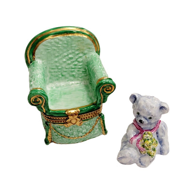Gray Teddy Bear in Chair Porcelain Limoges Teddy furniture French Trinket Box
