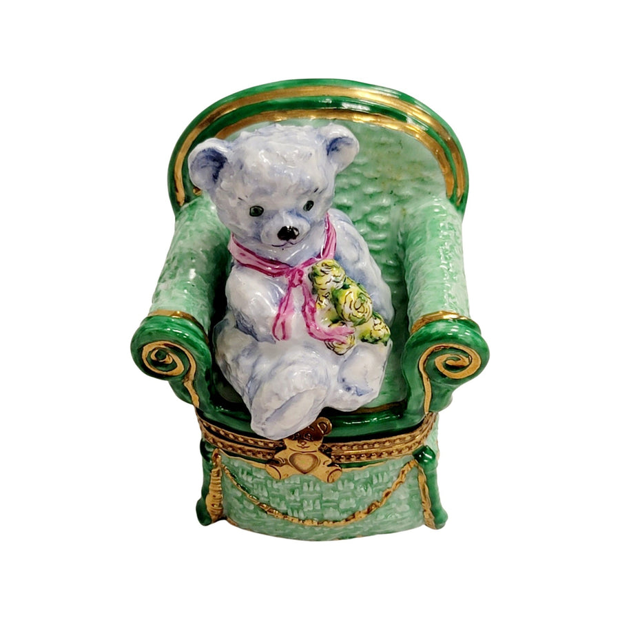 Gray Teddy Bear in Chair Porcelain Limoges Teddy furniture French Trinket Box