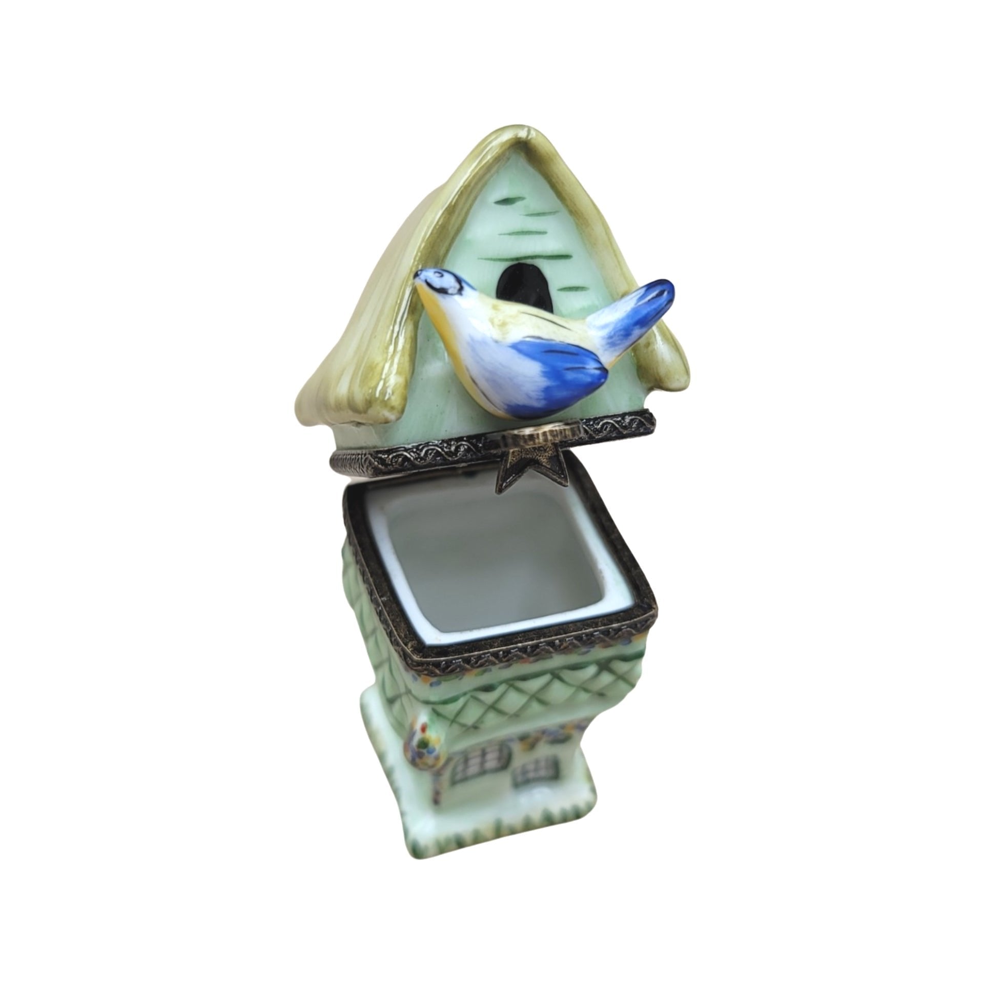 Green Bird House Figurine Porcelain Limoges garden bird French Trinket Box