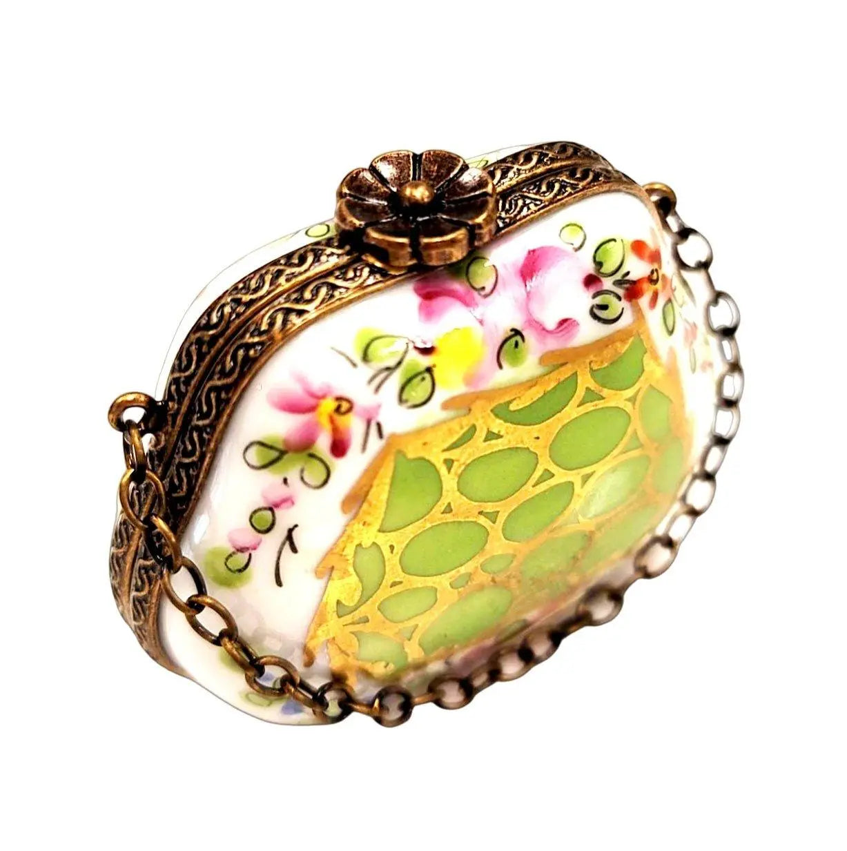 Green Hand Painted Rose Purse Porcelain Limoges purse trinket box limoges French Trinket Box