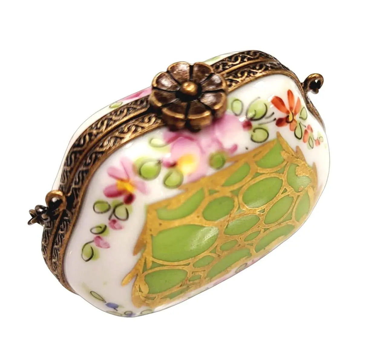Green Hand Painted Rose Purse Porcelain Limoges purse trinket box limoges French Trinket Box