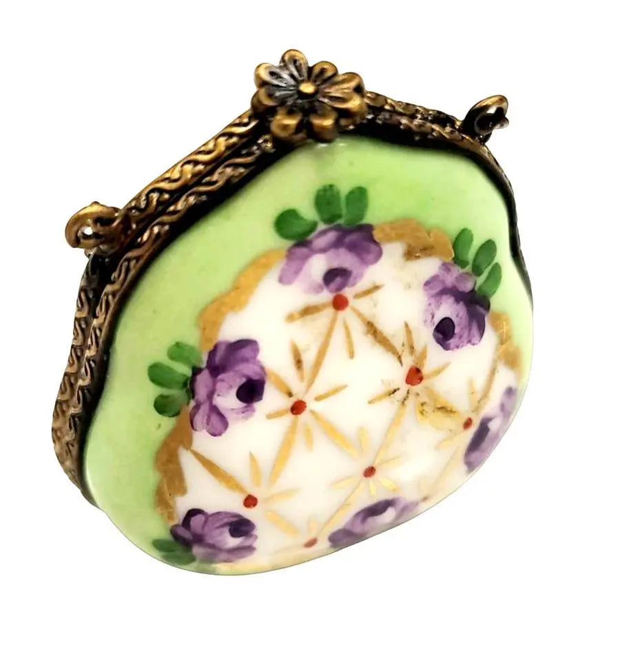 Green Purse with Purple Flowers Porcelain Limoges purse trinket box limoges French Trinket Box