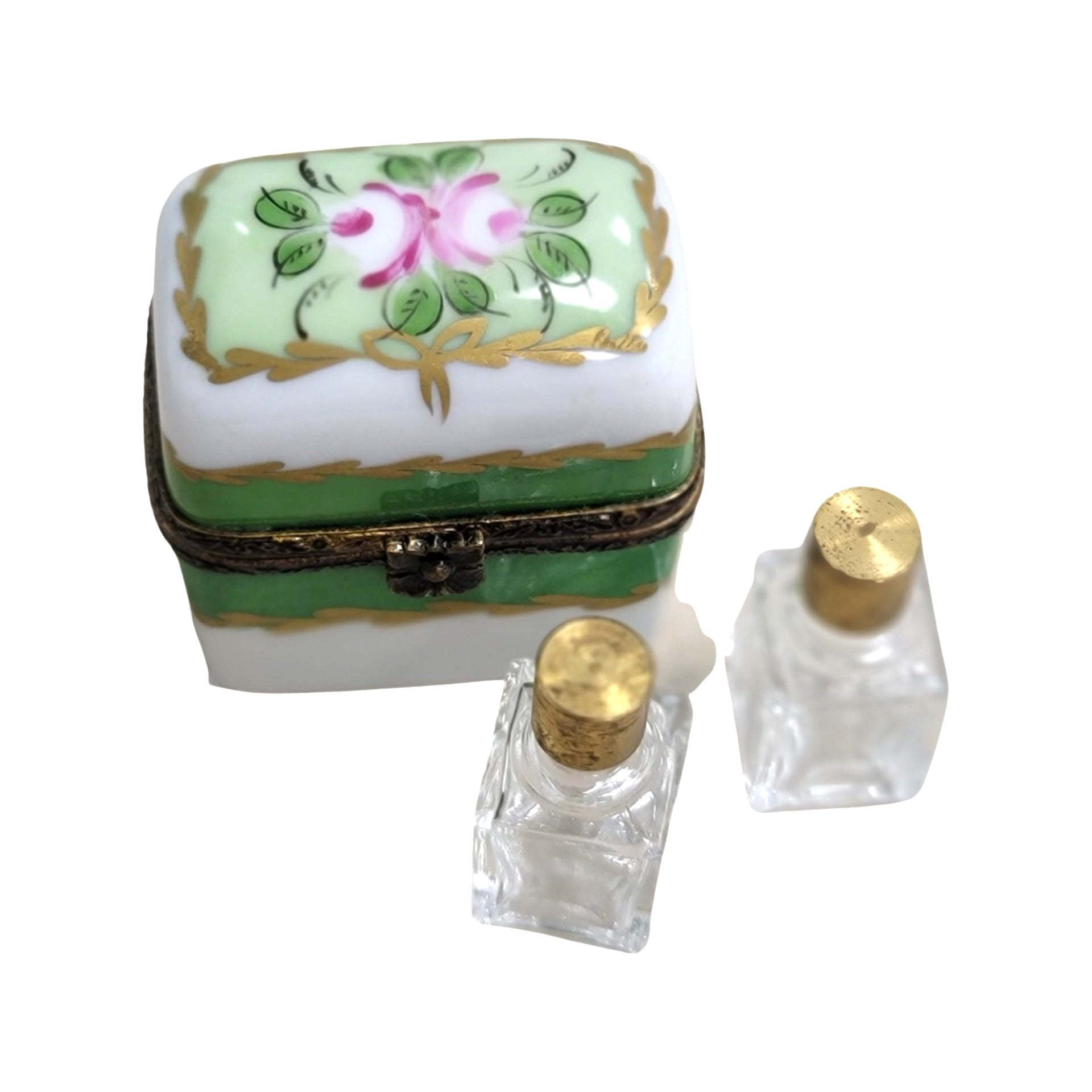 Green Rose Perfume Box Porcelain Limoges Perfume French Trinket Box