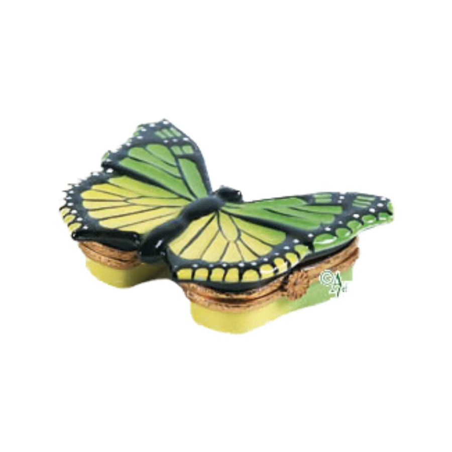 Green-Yellow Butterfly Porcelain Limoges Butterfly French Trinket Box