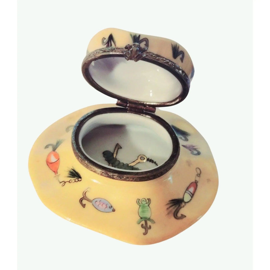 Hand-Painted Fishing Hat Box Porcelain Limoges French Trinket Box