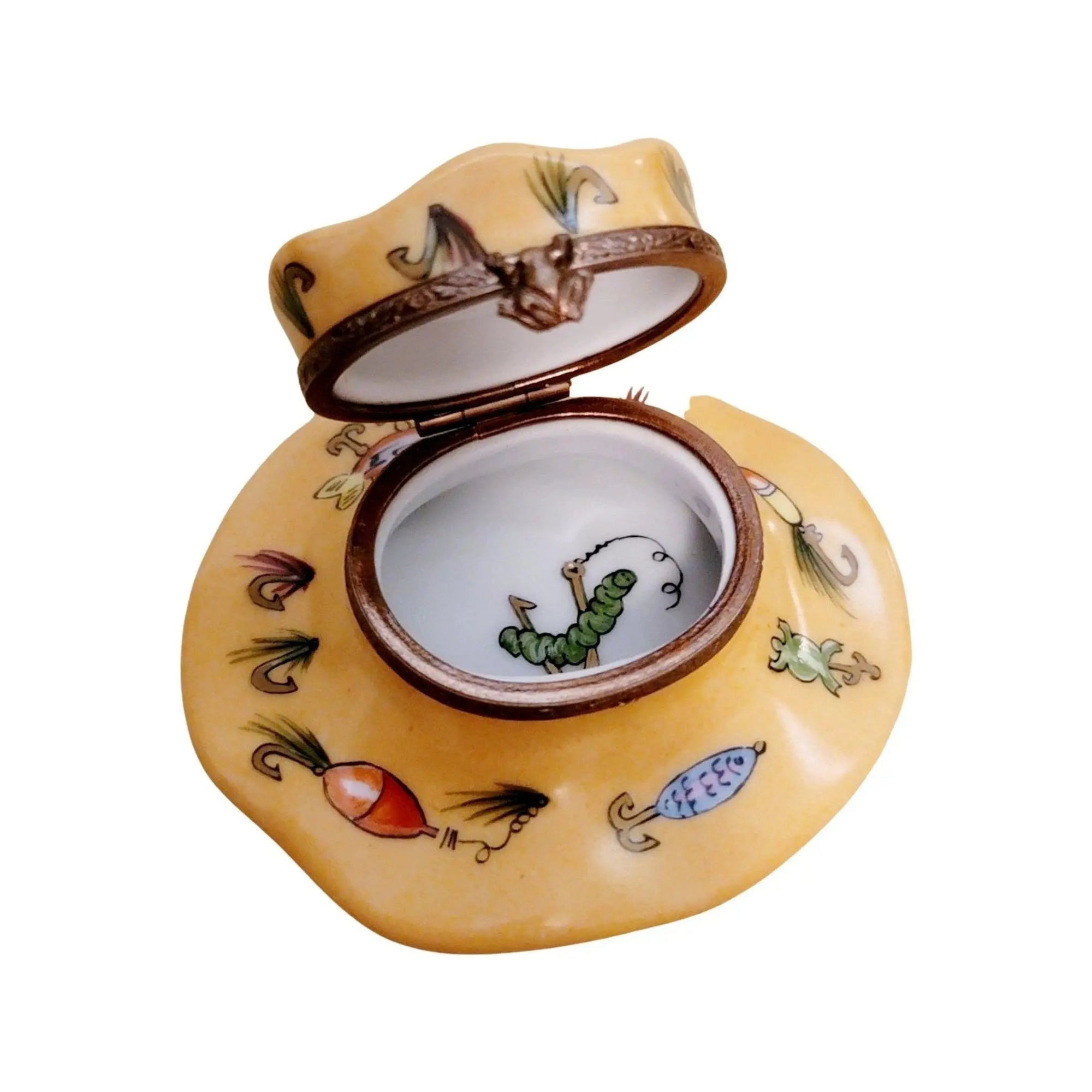 Hand-Painted Fishing Hat Box Porcelain Limoges French Trinket Box