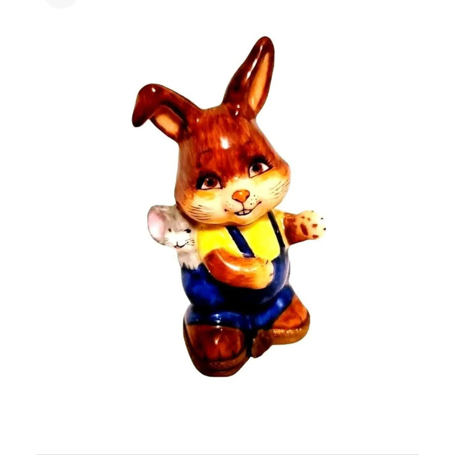 Happy Rabbit and Mouse Figurine Porcelain Limoges French Trinket Box