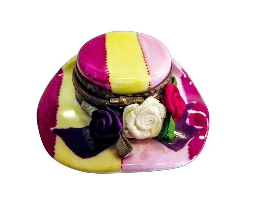 Hat Pink Yellow Roses Porcelain Limoges hat fashion women French Trinket Box