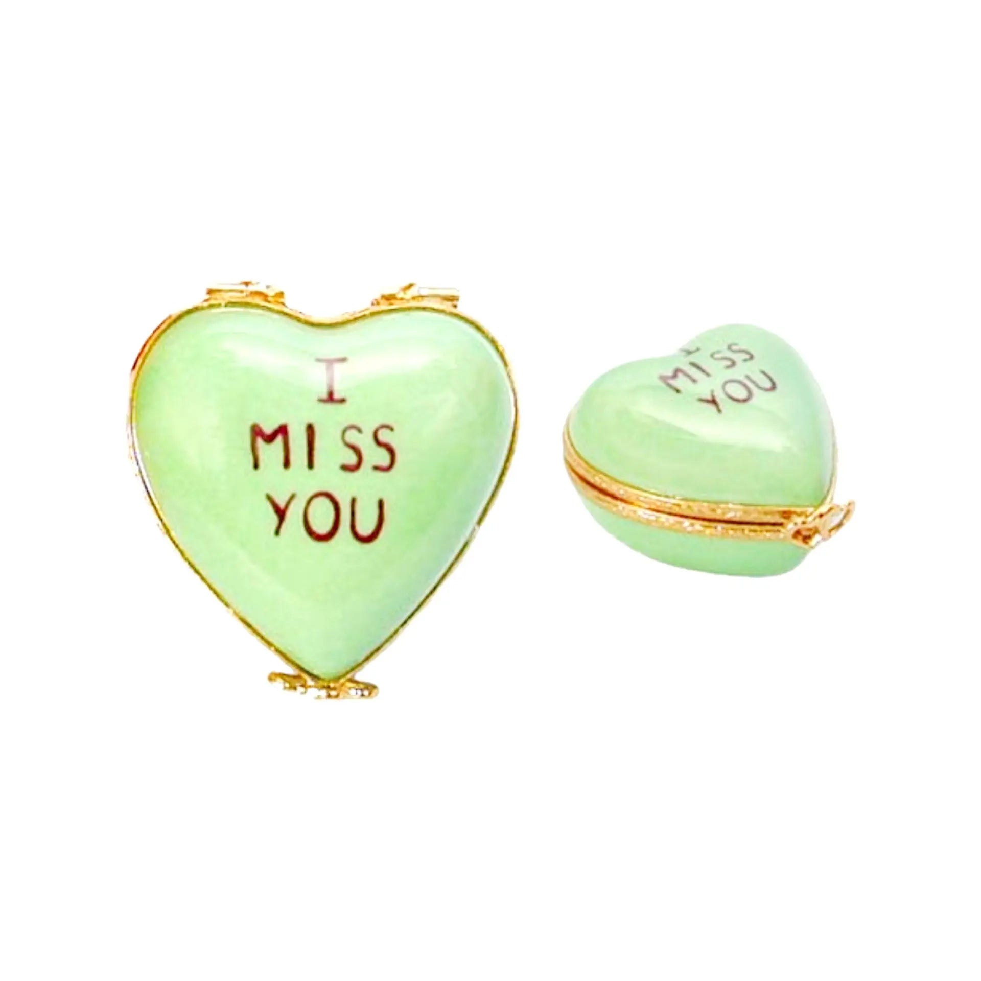 Heart *I Miss You* Green Porcelain Limoges heart special French Trinket Box