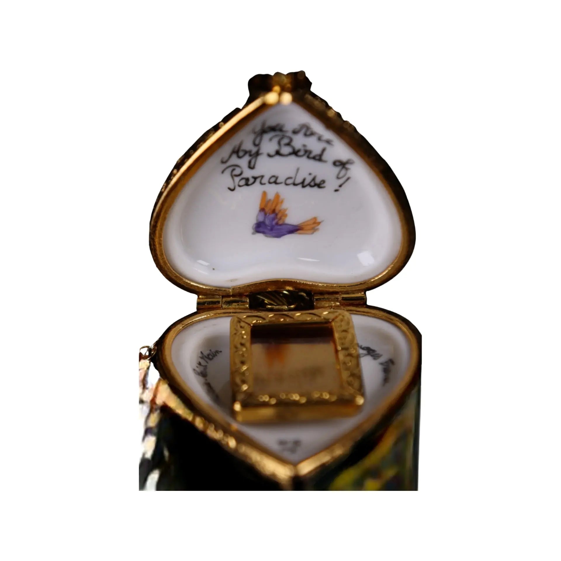 Heart Limoges Pendant Bird Of Paradise Pictute Frame inside Porcelain Limoges heart jewelry French Trinket Box