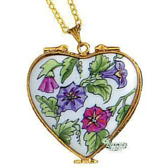 Heart Pendant: Morning Glory Porcelain Limoges heart jewerly French Trinket Box