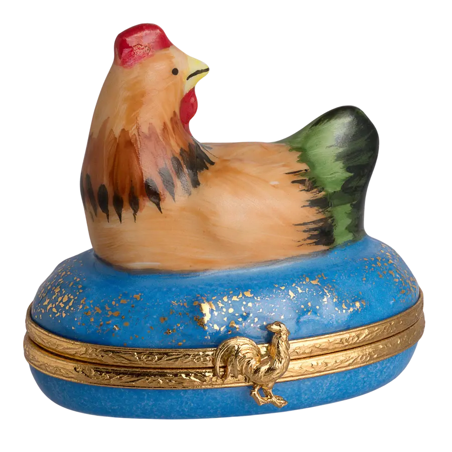 Hen On Blue Base Porcelain Limoges Farm Birds French Trinket Box
