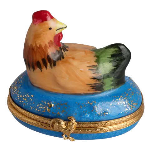Hen On Blue Base Porcelain Limoges Farm Birds French Trinket Box