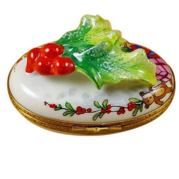 Holly Leaf on Oval Porcelain Limoges xmas theme French Trinket Box