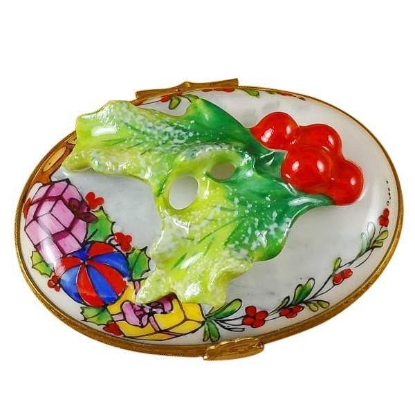 Holly Leaf on Oval Porcelain Limoges xmas theme French Trinket Box
